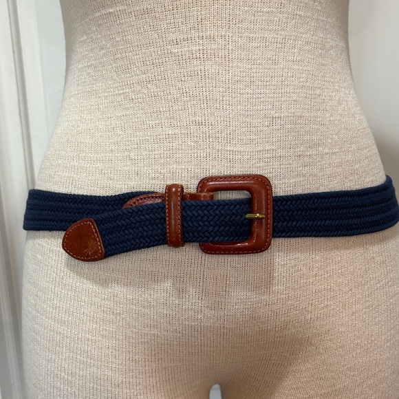 Talbots Accessories - Talbots size medium leather and navy blue cloth woven stretchy belt
